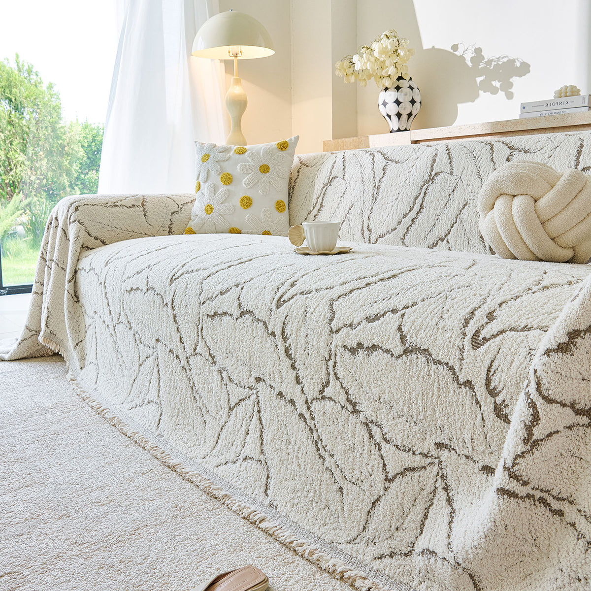 Boho Botanical Plush Sofa Throw Cover, Textured Leaf Pattern Slip Covers for Furniture