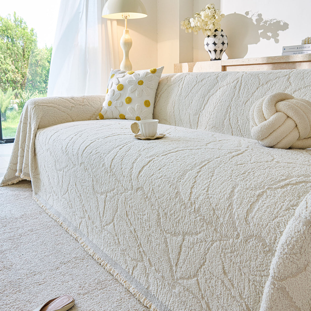 Boho Botanical Plush Sofa Throw Cover, Textured Leaf Pattern Slip Covers for Furniture