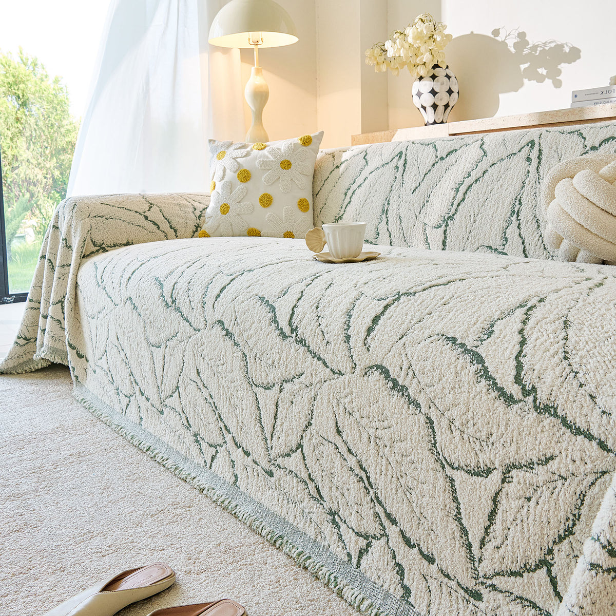 Boho Botanical Plush Sofa Throw Cover, Textured Leaf Pattern Slip Covers for Furniture