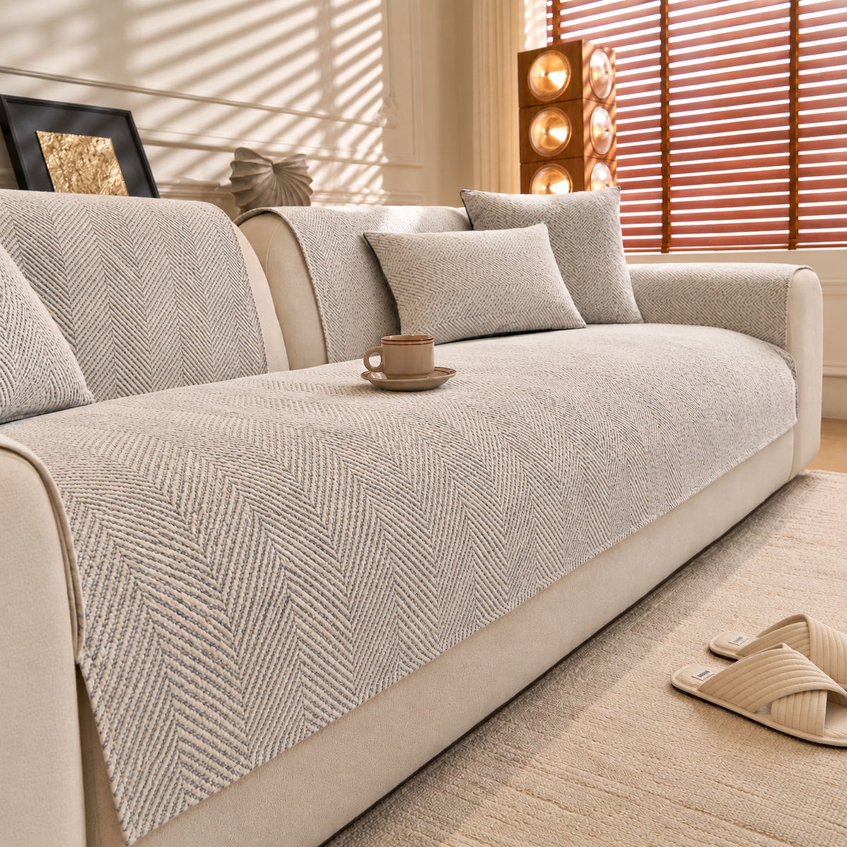 Chenille Herringbone Sofa Protector, Soft Non-Slip Couch Cover with Silicone Backing