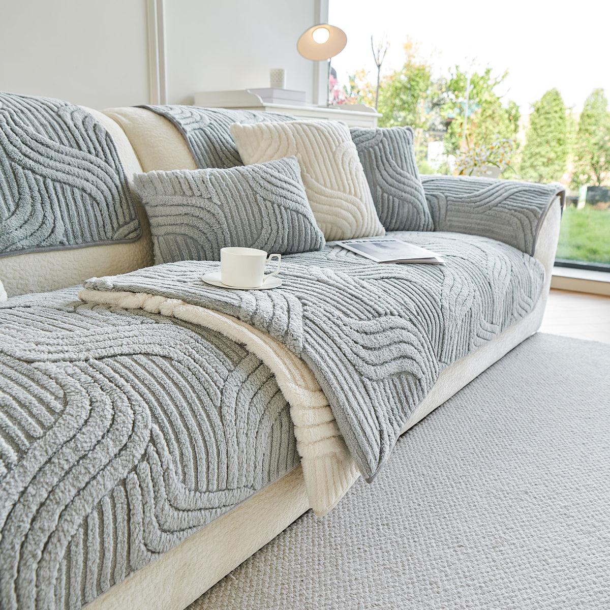 Luxury Plush Non-Slip Sofa Covers, Soft Fuzzy Embossed Sofa Topper & Seat Covers
