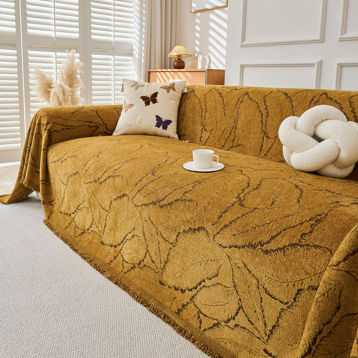 Oversized Leaf Sofa Throw Cover, Botanical Textured Couch Cover for Sectional Sofa