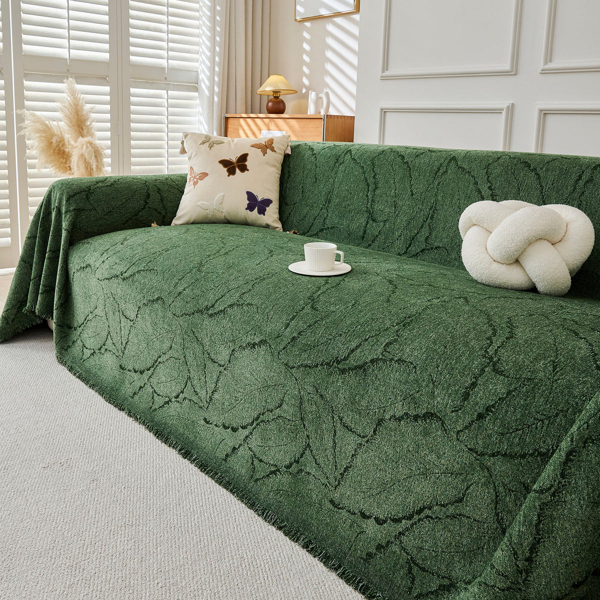 Oversized Leaf Sofa Throw Cover, Botanical Textured Couch Cover for Sectional Sofa
