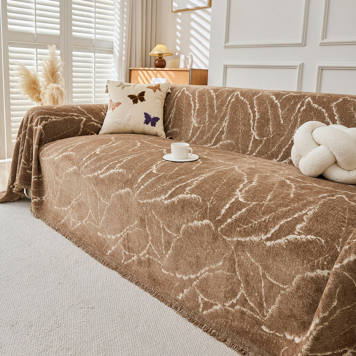 Oversized Leaf Sofa Throw Cover, Botanical Textured Couch Cover for Sectional Sofa