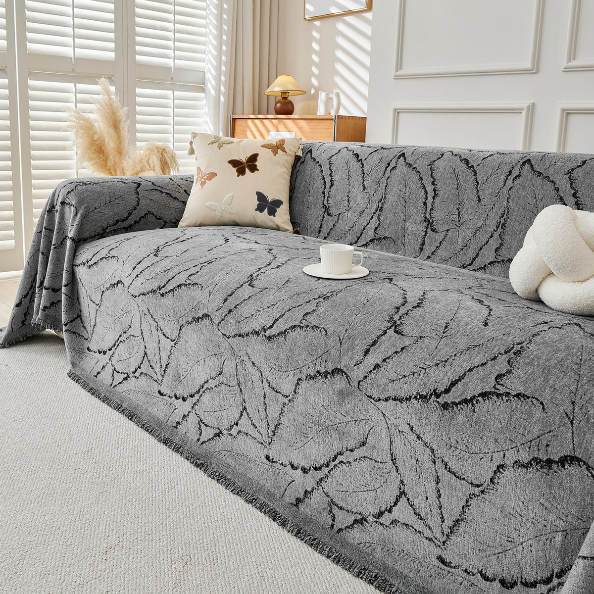 Oversized Leaf Sofa Throw Cover, Botanical Textured Couch Cover for Sectional Sofa