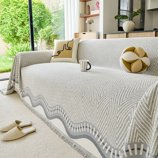 Modern Boho Chenille Herringbone Sofa Throw Cover, Geometric Couch Protector with Fringe