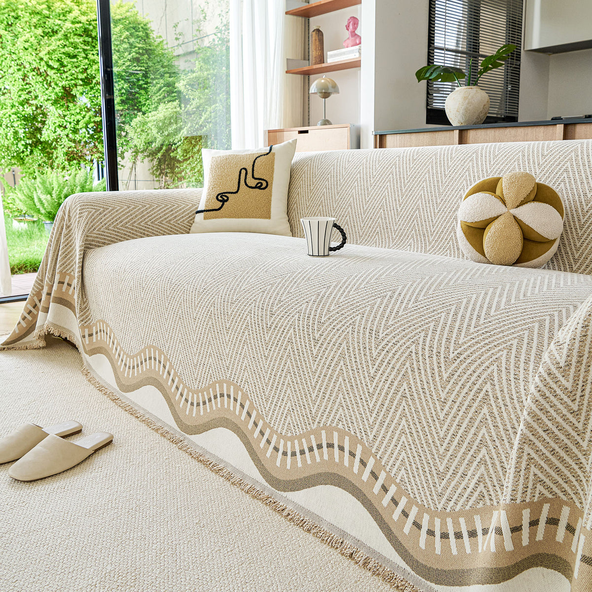 Modern Boho Chenille Herringbone Sofa Throw Cover, Geometric Couch Protector with Fringe