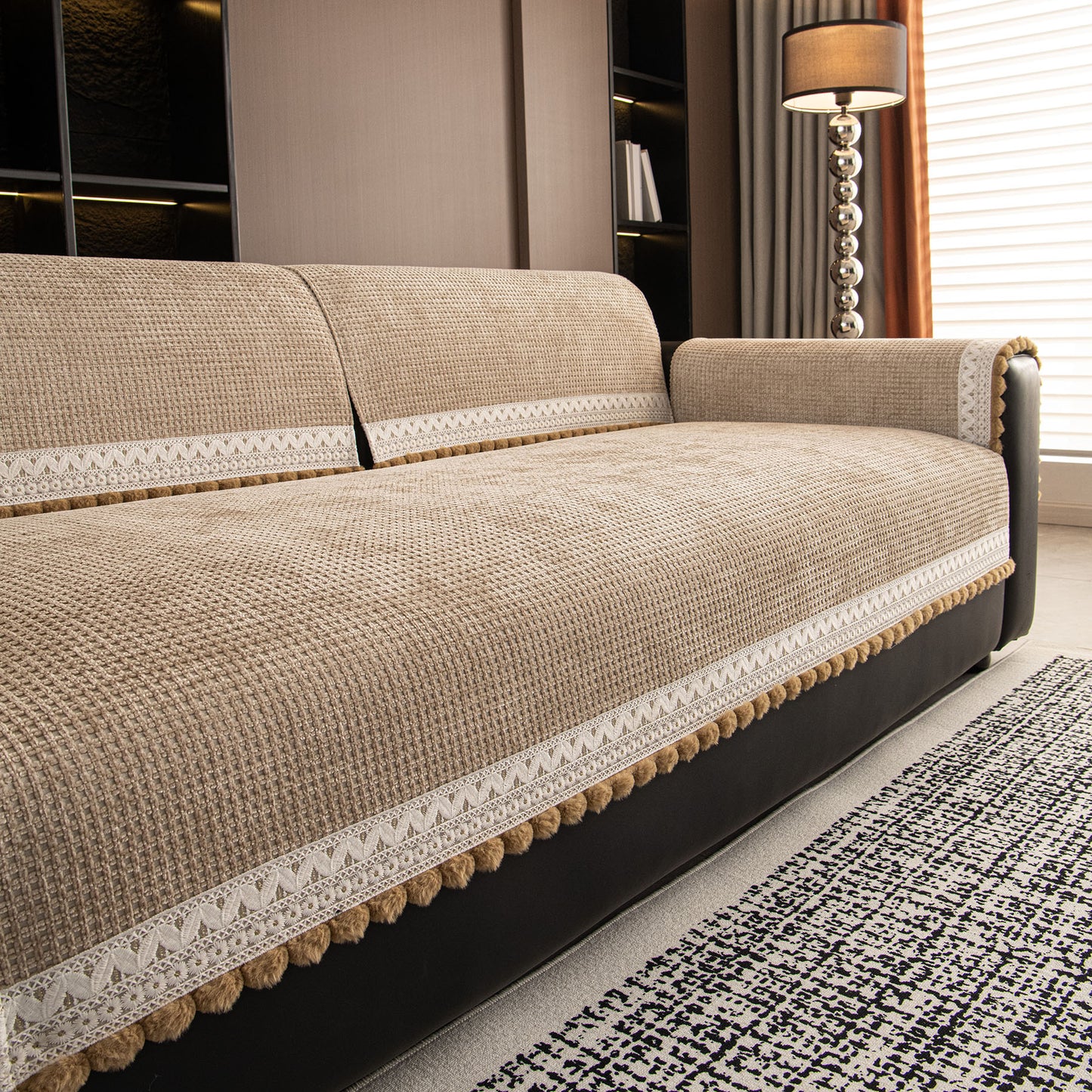 Non-Slip Waffle Texture Couch Cover with Lace Trim, Separate Sectional Sofa Protector