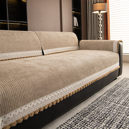 Non-Slip Waffle Texture Couch Cover with Lace Trim, Separate Sectional Sofa Protector