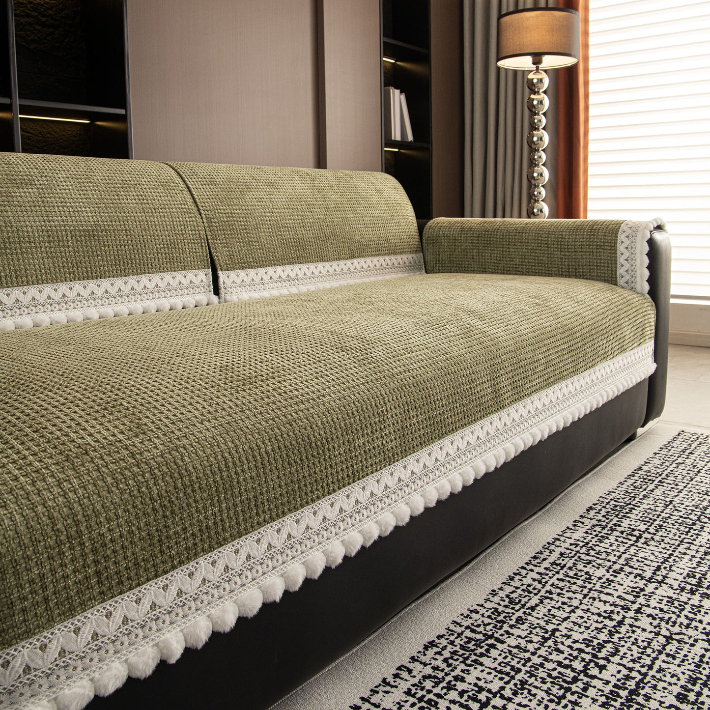 Non-Slip Waffle Texture Couch Cover with Lace Trim, Separate Sectional Sofa Protector