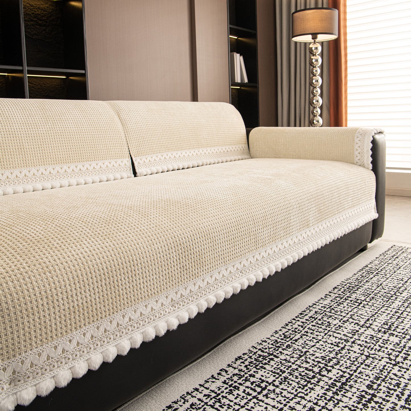 Non-Slip Waffle Texture Couch Cover with Lace Trim, Separate Sectional Sofa Protector
