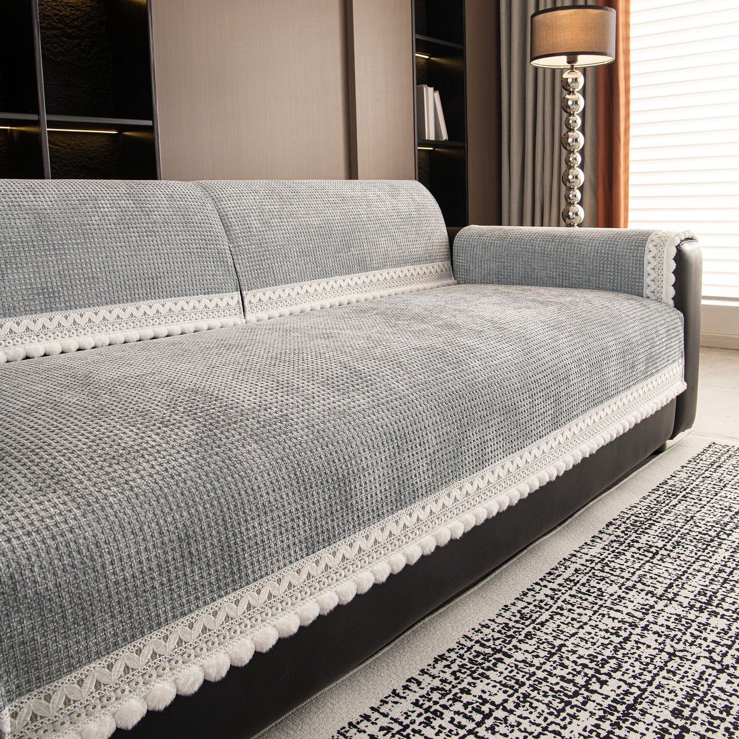 Non-Slip Waffle Texture Couch Cover with Lace Trim, Separate Sectional Sofa Protector
