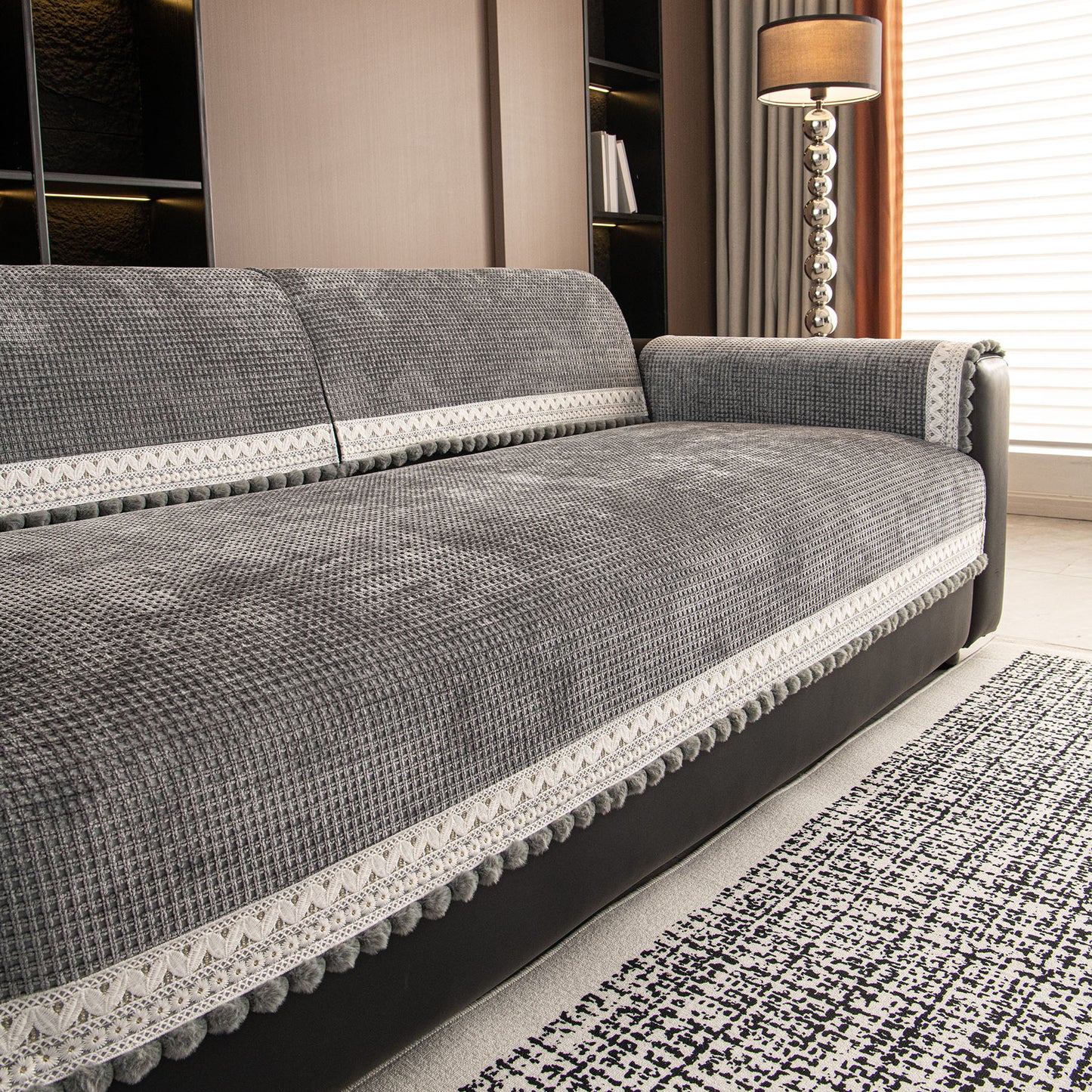 Non-Slip Waffle Texture Couch Cover with Lace Trim, Separate Sectional Sofa Protector