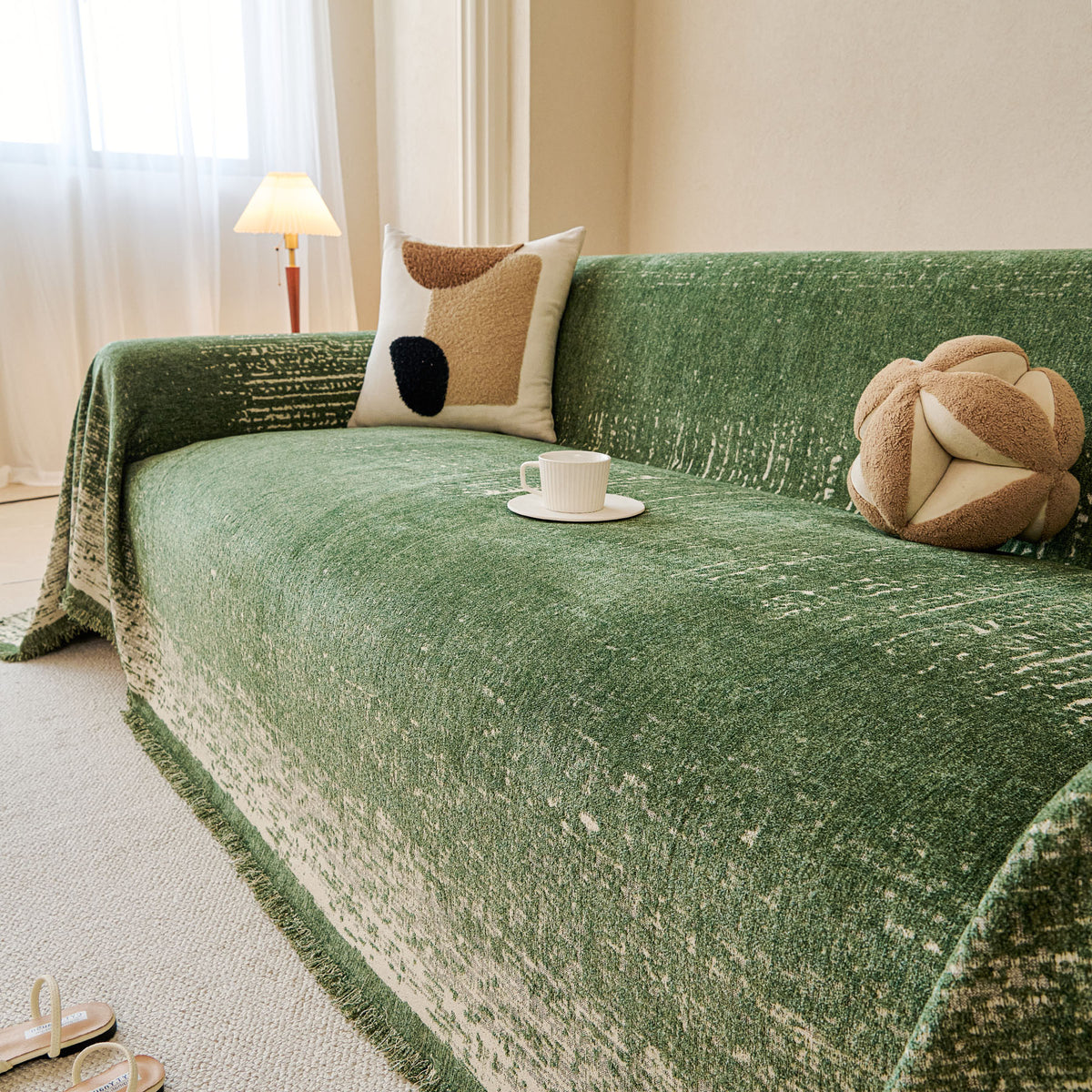 Distressed Abstract Chenille Sofa Throw Cover, Decorative Couch Protector with Tassels