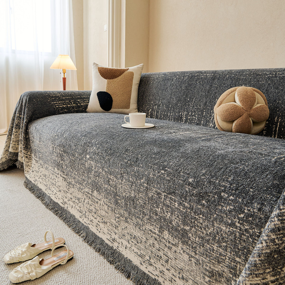 Distressed Abstract Chenille Sofa Throw Cover, Decorative Couch Protector with Tassels