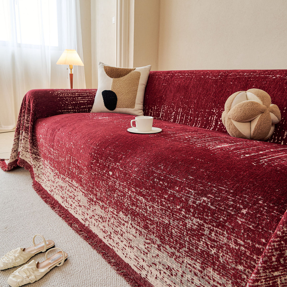 Distressed Abstract Chenille Sofa Throw Cover, Decorative Couch Protector with Tassels
