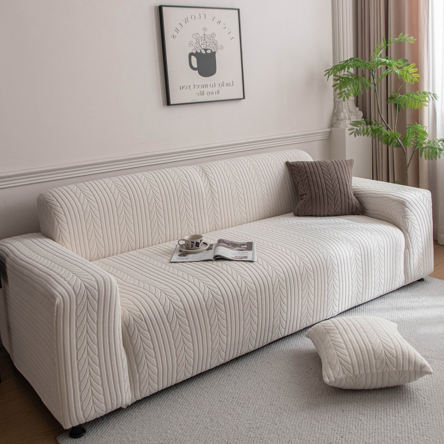 Plush Fleece Sofa Slipcover with 3D Wheat Pattern, Cozy High-Stretch Couch Cover