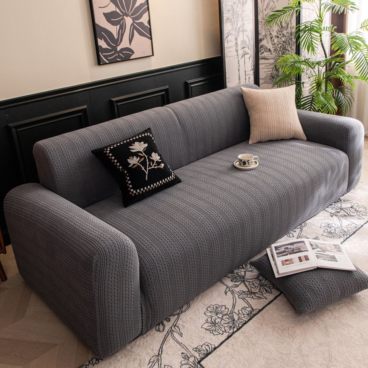 High Stretch Wheat Ear Embossed Textured Couch Slipcover, Water Repellent Sofa Cover