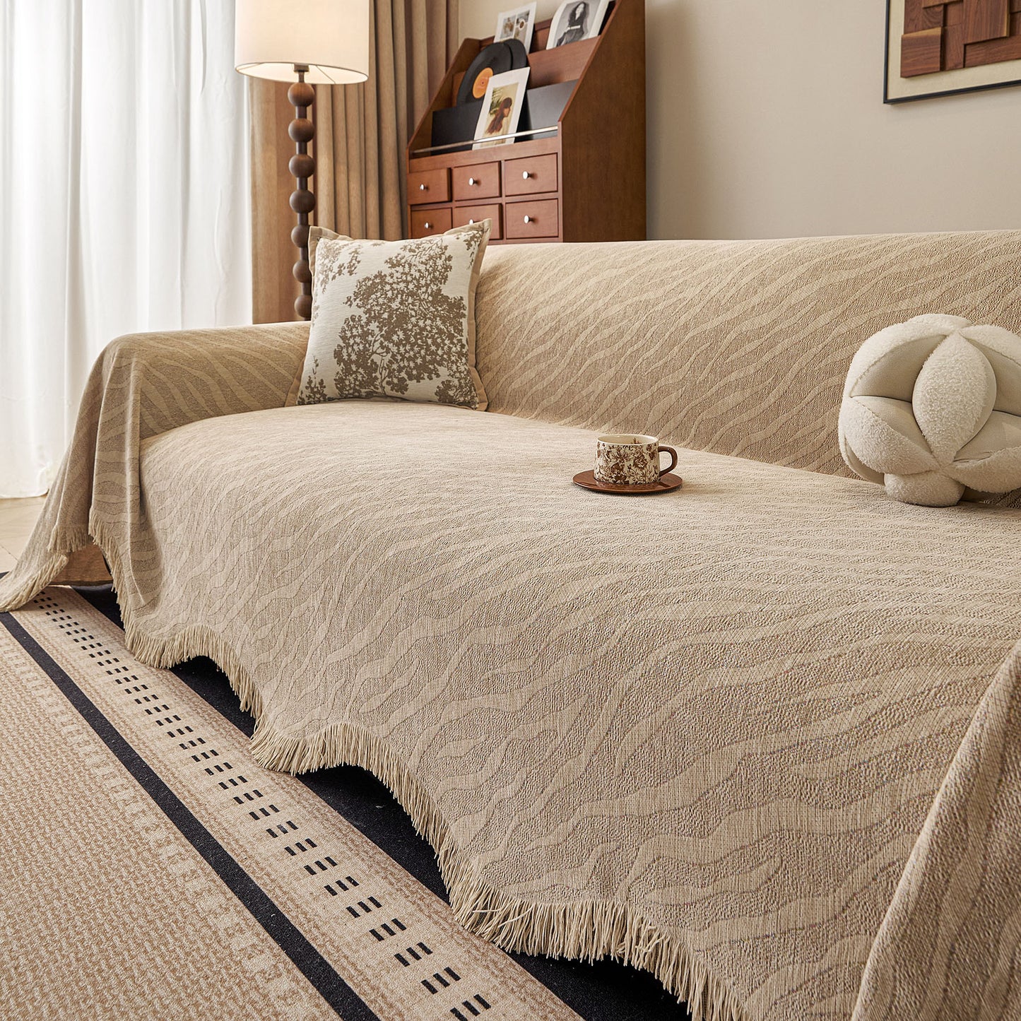 Wavy Wave Pattern Woven Couch Cover with Fringe Tassel, Soft Furniture Cover Protector