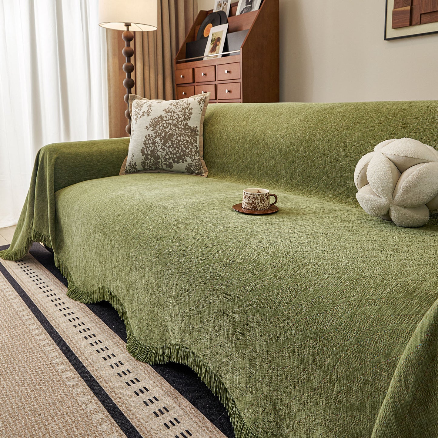 Wavy Wave Pattern Woven Couch Cover with Fringe Tassel, Soft Furniture Cover Protector