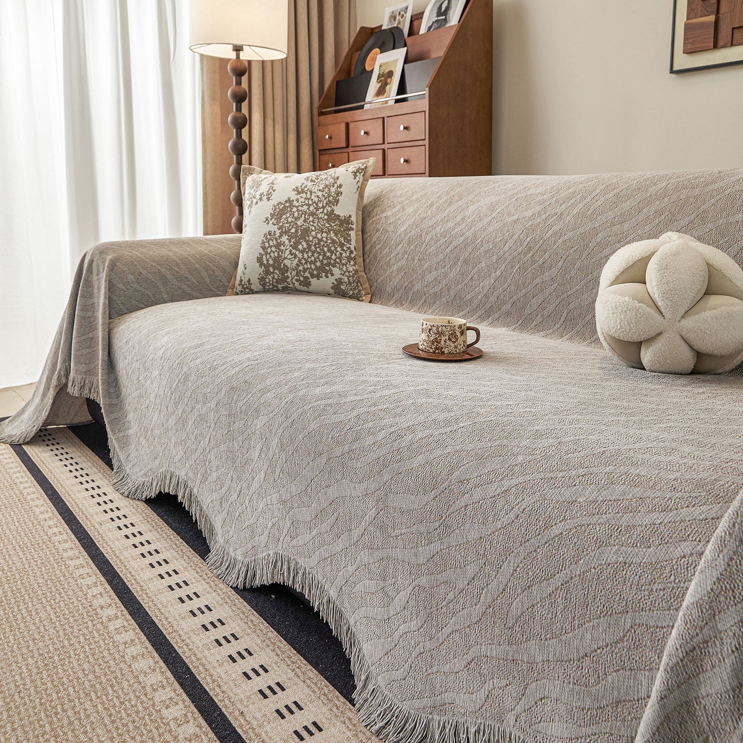 Wavy Wave Pattern Woven Couch Cover with Fringe Tassel, Soft Furniture Cover Protector
