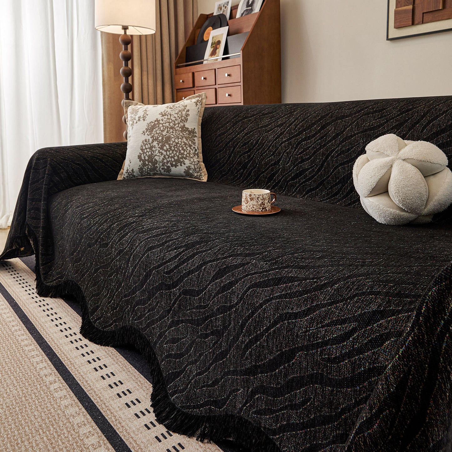 Wavy Wave Pattern Woven Couch Cover with Fringe Tassel, Soft Furniture Cover Protector