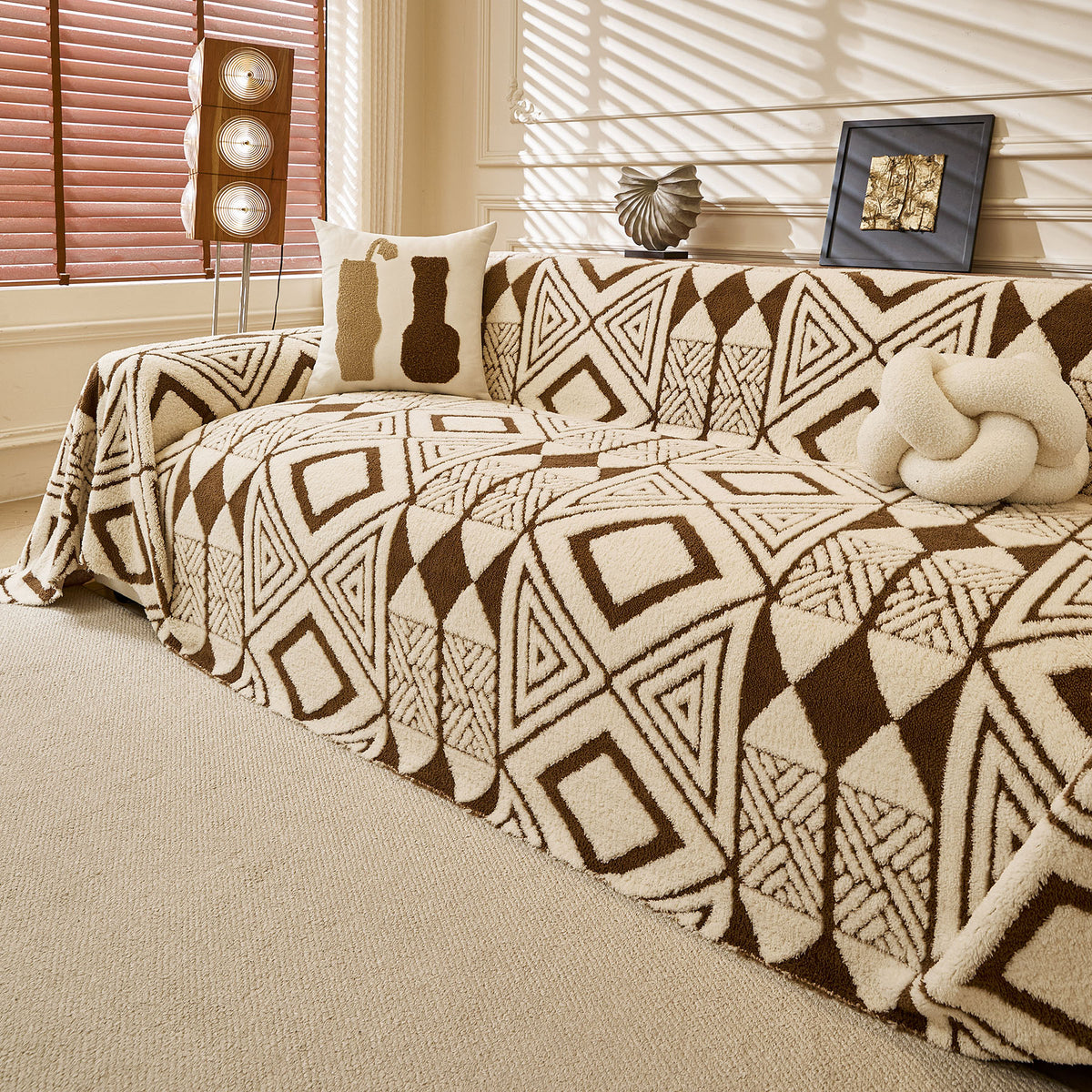 Modern Boho Geometric Plush Sofa Throw Cover, Soft Cozy Textured Slip Cover for Couch