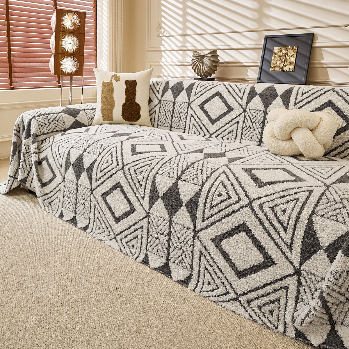 Modern Boho Geometric Plush Sofa Throw Cover, Soft Cozy Textured Slip Cover for Couch