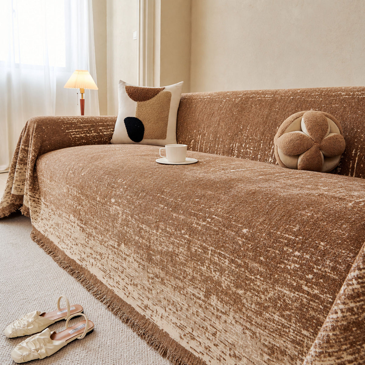 Distressed Abstract Chenille Sofa Throw Cover, Decorative Couch Protector with Tassels