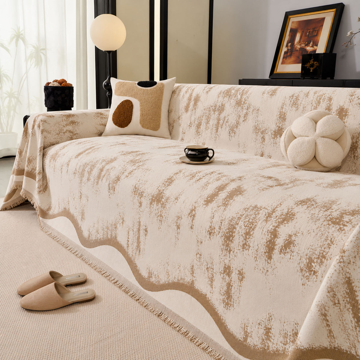Oversized Abstract Brushstroke Sofa Throw Cover, Woven L Shaped Sectional Couch Cover