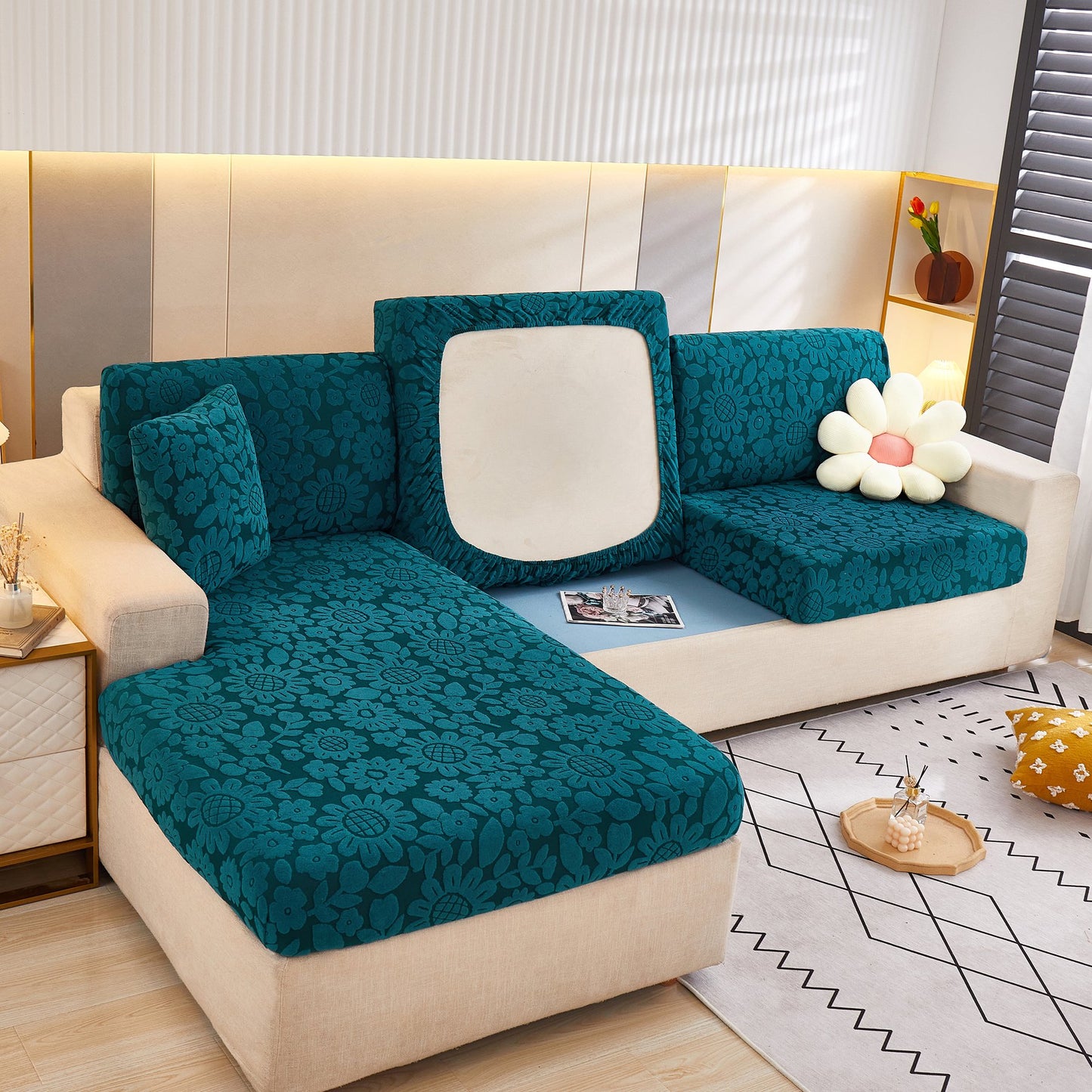 Flower Pattern Jacquard Fleece Stretch Sofa Cover, Non-Slip L-Shaped Couch Cushion Covers for Pets