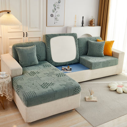 Capa de Almofada Stretchable de Fleece Jacquard Happy Puzzle, Capa de Sofá em L Antiderrapante para Animais de Estimação