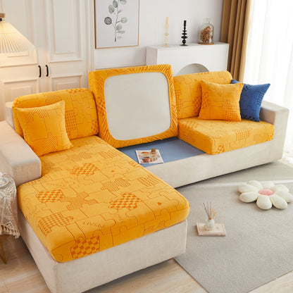 Capa de Almofada Stretchable de Fleece Jacquard Happy Puzzle, Capa de Sofá em L Antiderrapante para Animais de Estimação