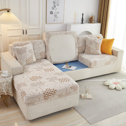 Capa de Almofada Stretchable de Fleece Jacquard Happy Puzzle, Capa de Sofá em L Antiderrapante para Animais de Estimação