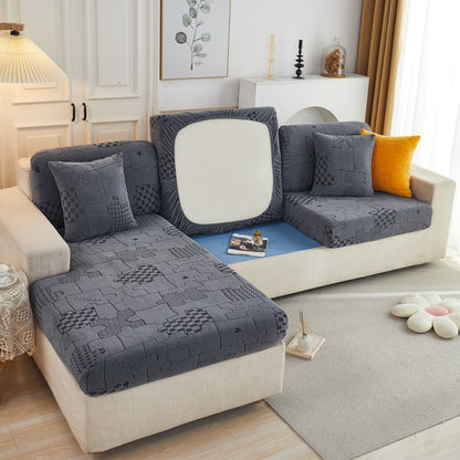 Capa de Almofada Stretchable de Fleece Jacquard Happy Puzzle, Capa de Sofá em L Antiderrapante para Animais de Estimação