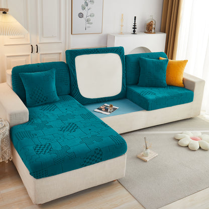 Capa de Almofada Stretchable de Fleece Jacquard Happy Puzzle, Capa de Sofá em L Antiderrapante para Animais de Estimação