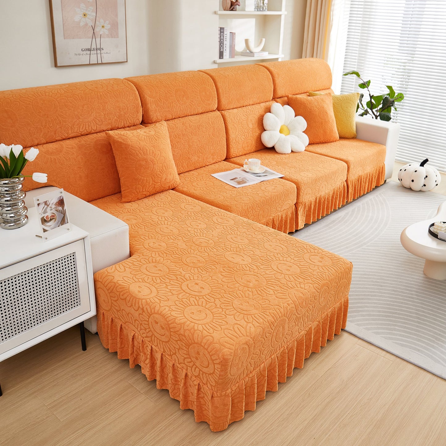 Funda de Sofá, Fundas de Cojín de Sofá con Patrón de Girasoles y Falda Elástica para Sofás de 1/2/3/4 Plazas