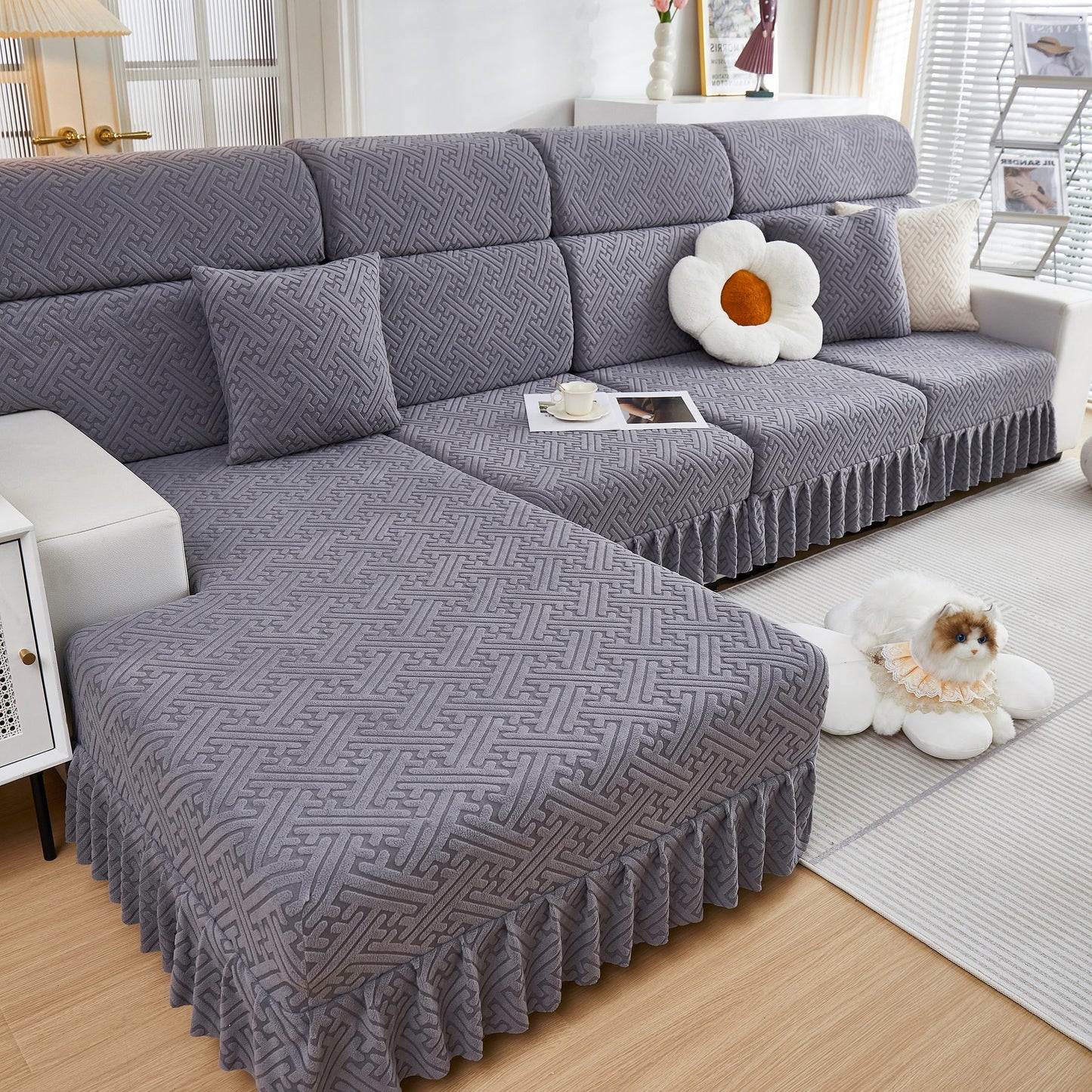 Stretch-Sofabezüge mit Rock für Couchsitz und Kissen, Chaiselongue, Ecksofa, 1/2/3/4-Sitzer-Sofas