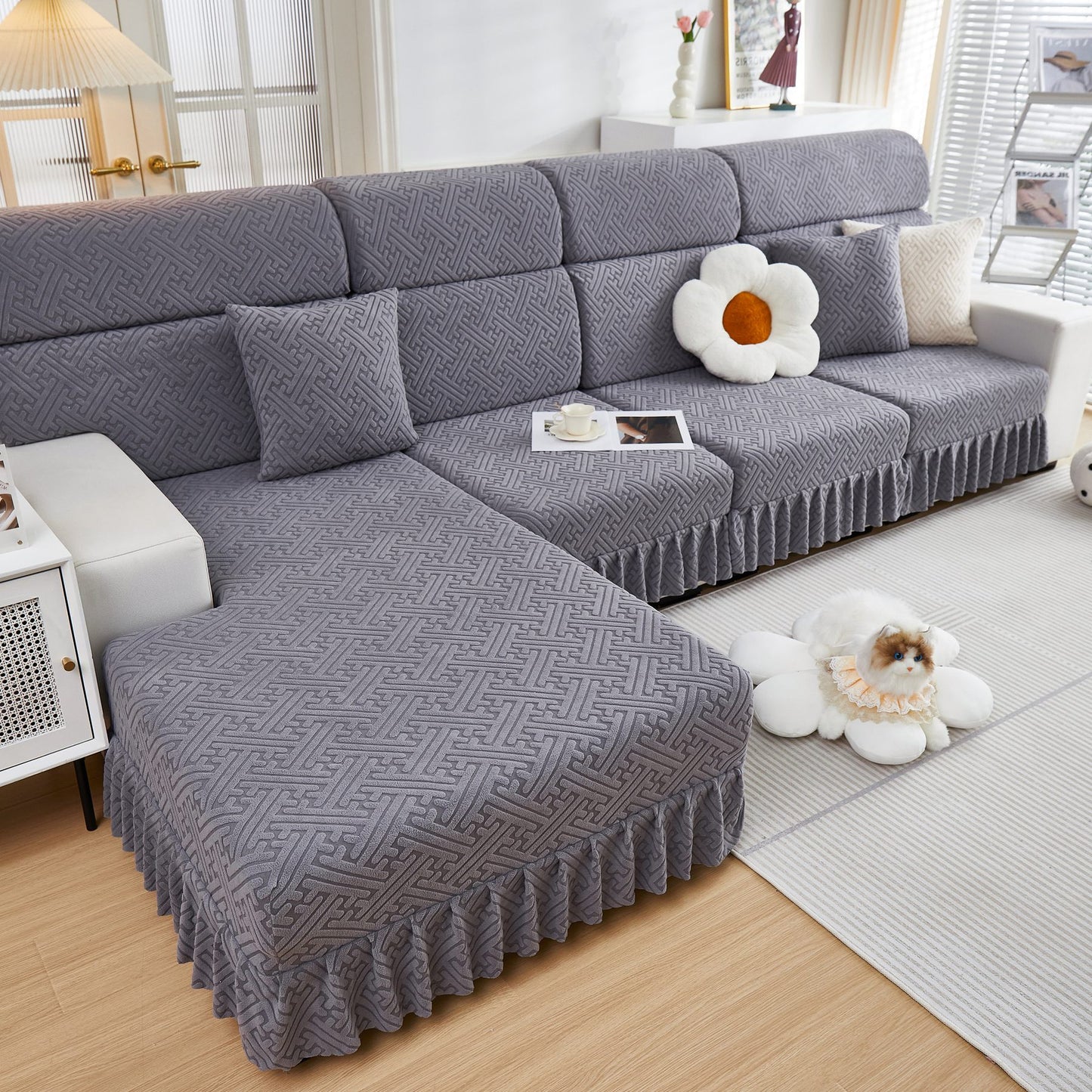 Stretch-Sofabezüge mit Rock für Couchsitz und Kissen, Chaiselongue, Ecksofa, 1/2/3/4-Sitzer-Sofas