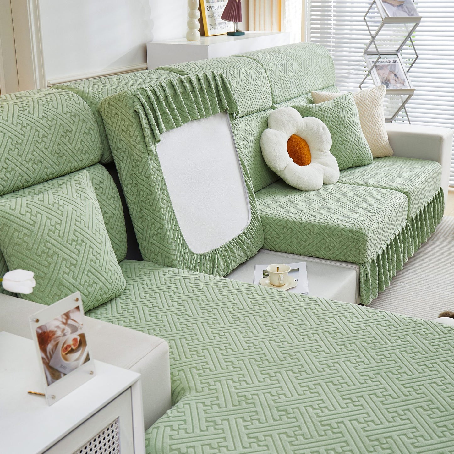 Stretch-Sofabezüge mit Rock für Couchsitz und Kissen, Chaiselongue, Ecksofa, 1/2/3/4-Sitzer-Sofas