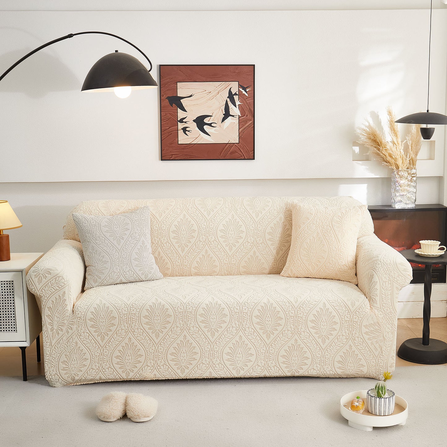 3D Baroque Floral Stretch Sofa Cover Elastic Polar Fleece Couch Slipcover with Straps