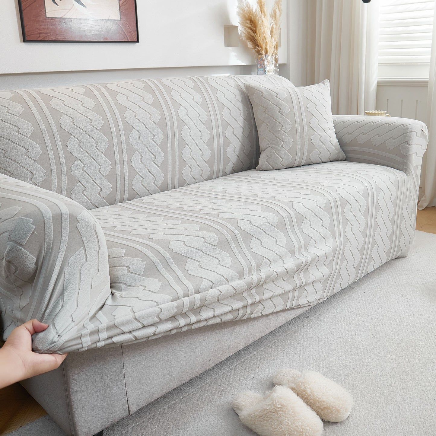 3D Embossed Geometric Couch Slipcover, Stretch Washable Non Slip Furniture Protector