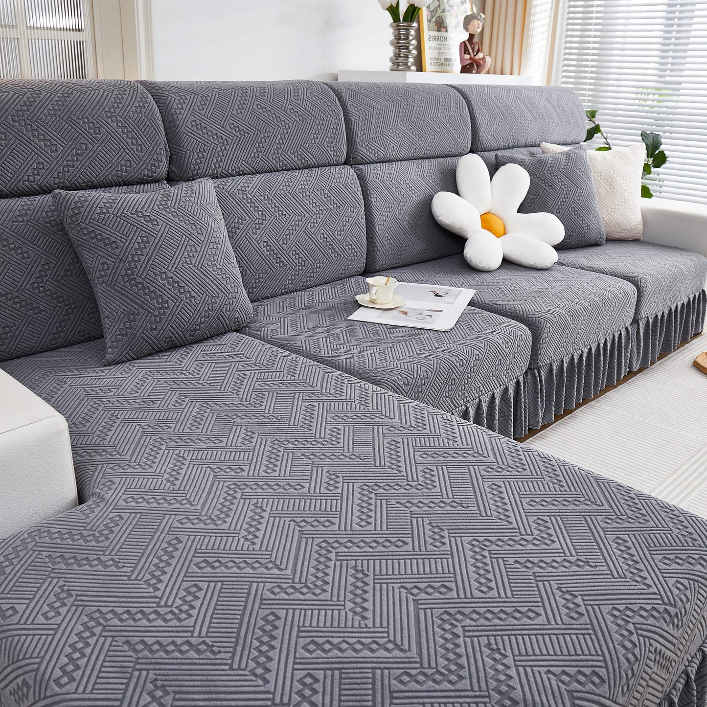 Stretchable Chaise Lounge Sofa Covers and Couch Seat Covers with Skirt for Sectional Couches