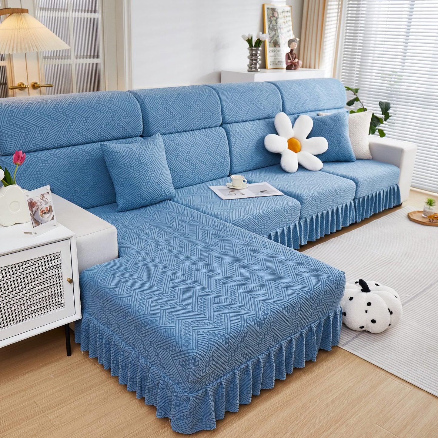 Stretchable Chaise Lounge Sofa Covers and Couch Seat Covers with Skirt for Sectional Couches
