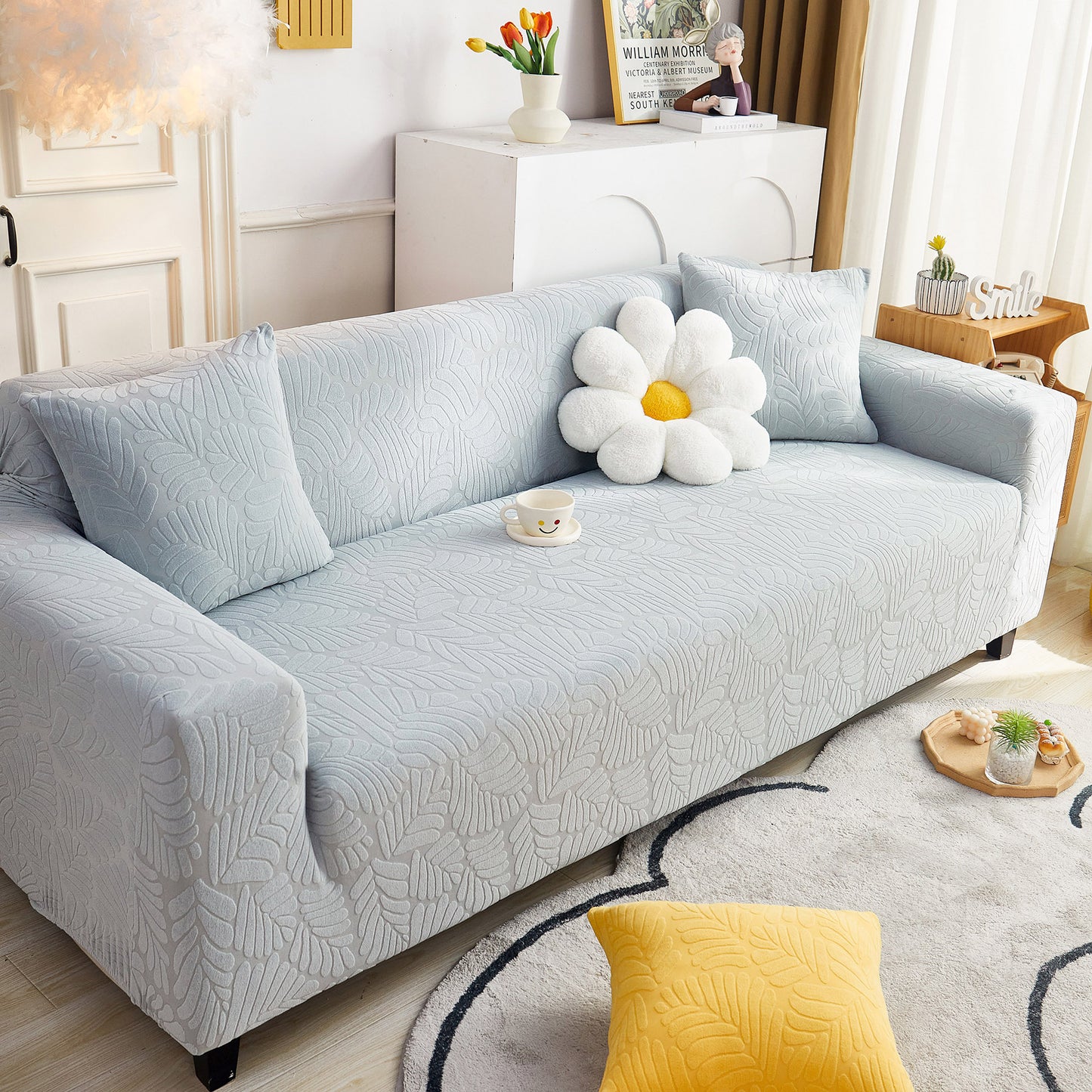 3D Leaf Jacquard Stretch Sofa Cover Non Slip Pet Friendly Slipcover 1-5 Seaters