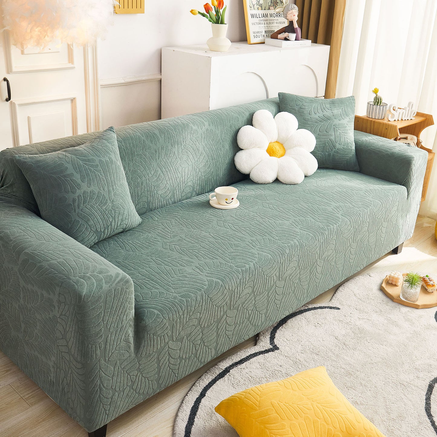 3D Leaf Jacquard Stretch Sofa Cover Non Slip Pet Friendly Slipcover 1-5 Seaters