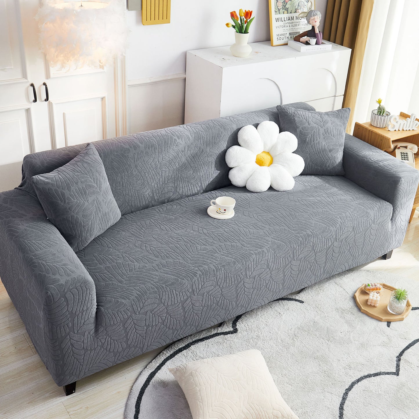 3D Leaf Jacquard Stretch Sofa Cover Non Slip Pet Friendly Slipcover 1-5 Seaters