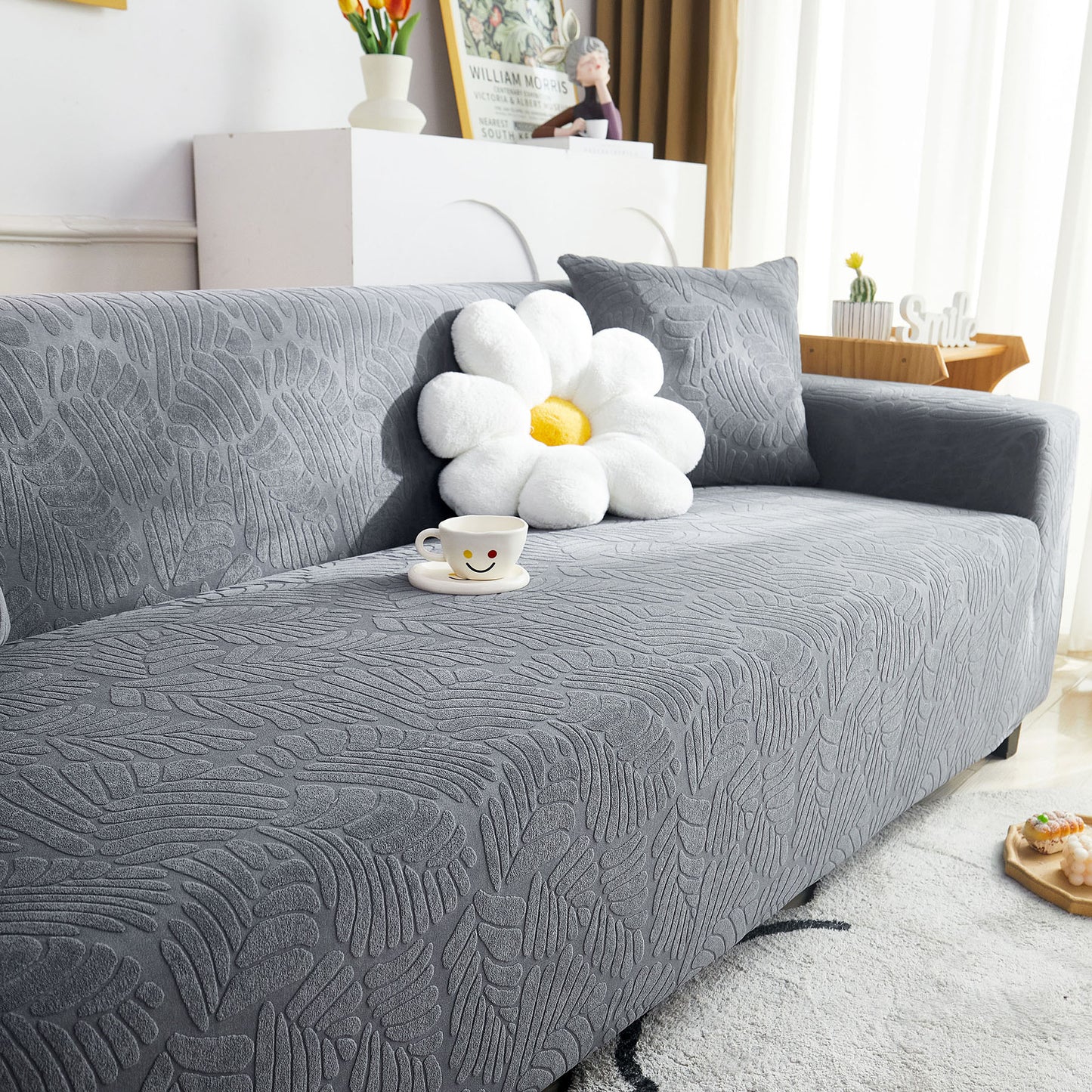 3D Leaf Jacquard Stretch Sofa Cover Non Slip Pet Friendly Slipcover 1-5 Seaters