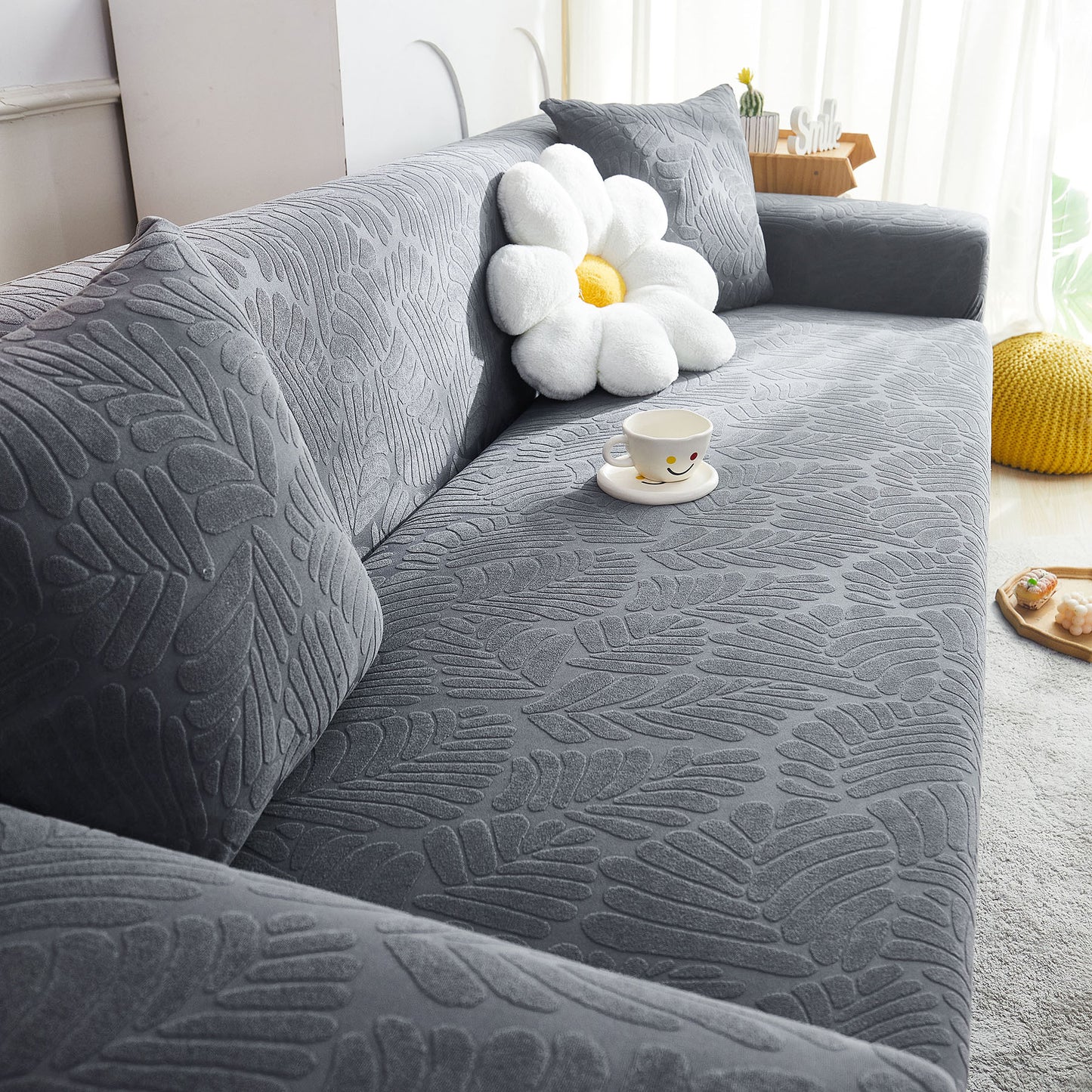 3D Leaf Jacquard Stretch Sofa Cover Non Slip Pet Friendly Slipcover 1-5 Seaters