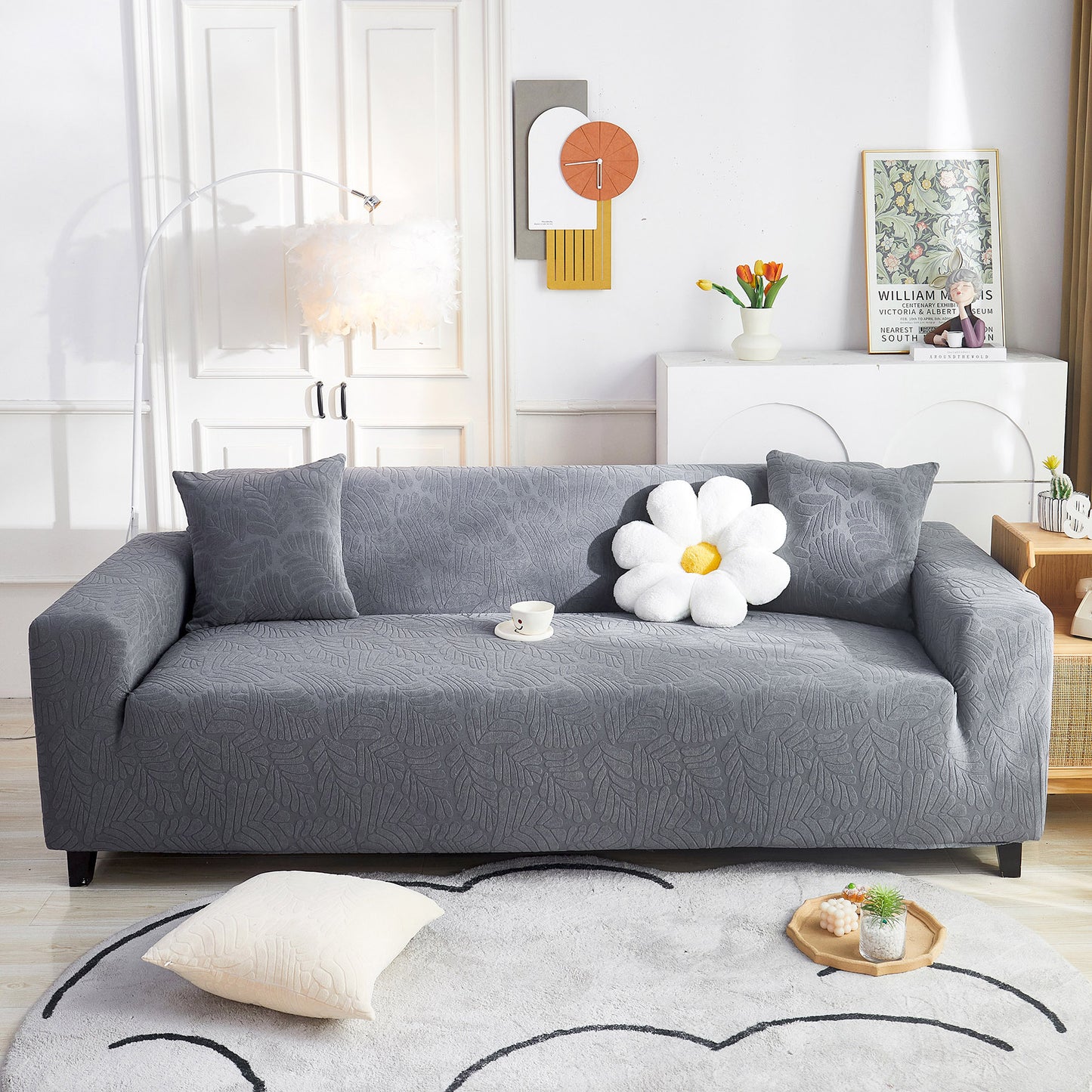 3D Leaf Jacquard Stretch Sofa Cover Non Slip Pet Friendly Slipcover 1-5 Seaters